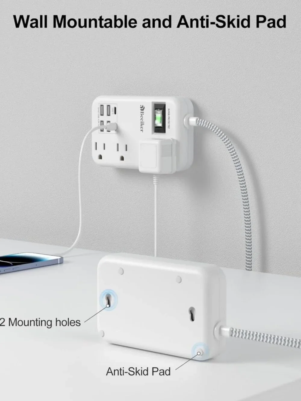 6-Outlet USB Travel Power Strip with 5ft Braided Cord & Surge Protection - Wall